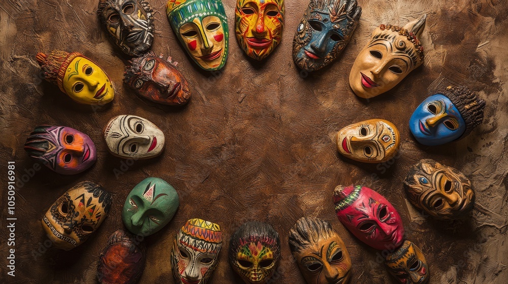 Aufkleber A vivid depiction of a diverse array of cultural masks arranged in a circle, with each mask uniquely decorated, Symbolizing the celebration and respect for different identities