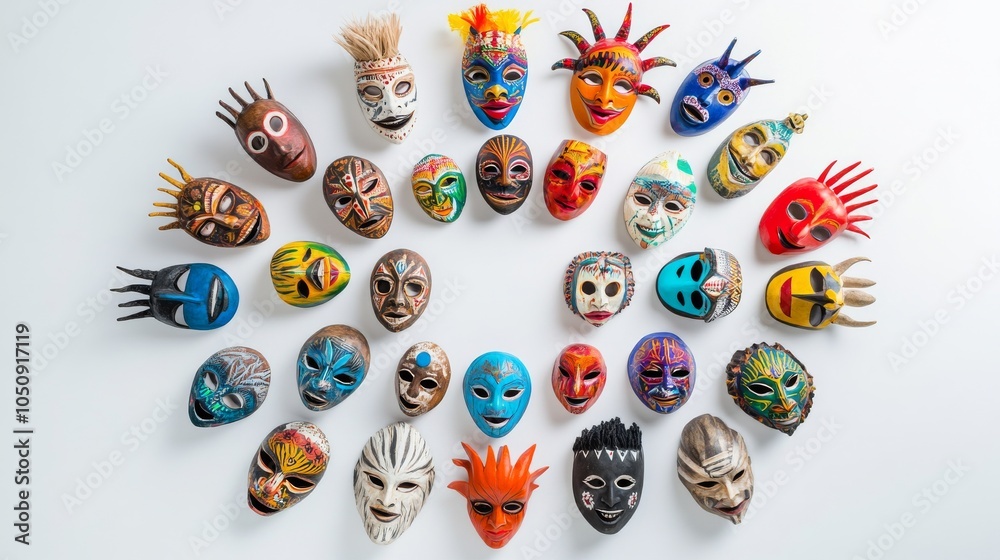 Poster A vivid depiction of a diverse array of cultural masks arranged in a circle, with each mask uniquely decorated, Symbolizing the celebration and respect for different identities