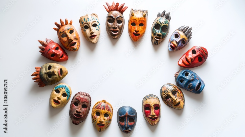 Poster A vivid depiction of a diverse array of cultural masks arranged in a circle, with each mask uniquely decorated, Symbolizing the celebration and respect for different identities