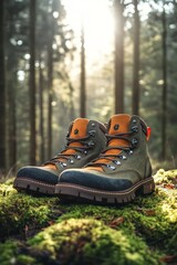 Hiking boot resting on moss in a sunlit forest with trees during early morning