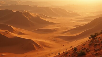 Naklejka premium Barren desert planet with deep canyons sand dunes and patches of strange vegetation
