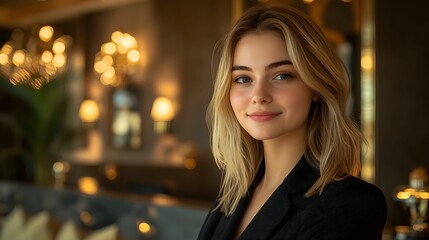 Obraz premium portret, recepcjonistka hotelowa, hotel, kobieta, luksus, profesjonalizm, uśmiech, elegancja, atmosfera, światło, estetyka, przyjazność, bliskość, detale, nowoczesność, świeżość, harmonia, opieka, ins