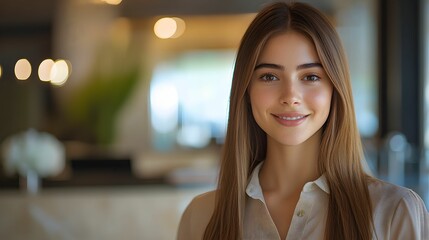 portret, recepcjonistka hotelowa, hotel, kobieta, luksus, profesjonalizm, uśmiech, elegancja, atmosfera, światło, estetyka, przyjazność, bliskość, detale, nowoczesność, świeżość, harmonia, opieka, ins