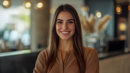 portret, recepcjonistka hotelowa, hotel, kobieta, luksus, profesjonalizm, uśmiech, elegancja, atmosfera, światło, estetyka, przyjazność, bliskość, detale, nowoczesność, świeżość, harmonia, opieka, ins