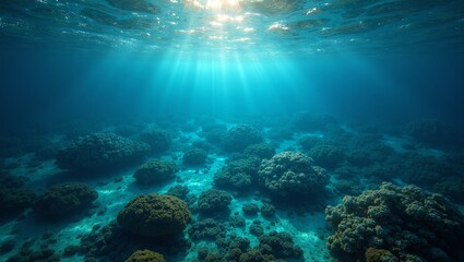 Fototapeta premium Transparent ocean planet with colorful coral reefs and bioluminescent organisms
