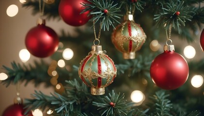 Obraz premium Red, gold, and green Christmas baubles on a tree with space for holiday wishes, perfect for adding a personal touch to your festive greetings