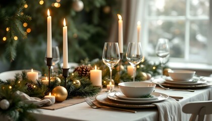 An elegant table setting for Christmas Eve featuring fine china, sparkling glassware, and beautiful decorations. A festive atmosphere perfect for celebrating the holiday with loved ones