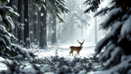 A small deer standing gracefully in the middle of a deep snow-covered forest, surrounded by tall trees and a peaceful winter atmosphere.
