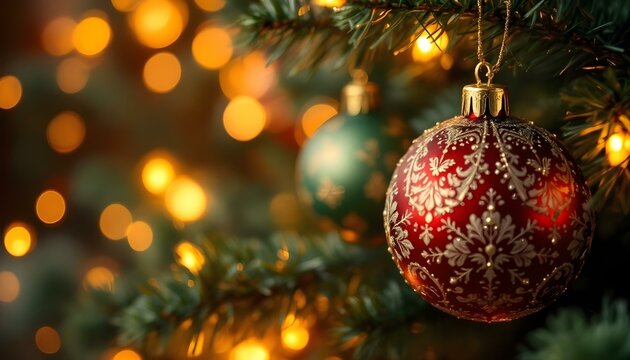 Christmas tree ornament with a bokeh effect in the background, featuring a space for personalized holiday wishes