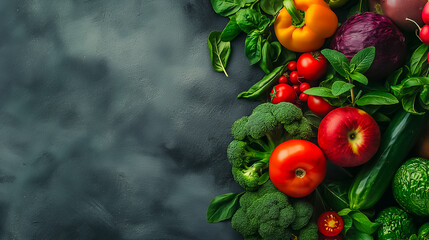 A colorful array of fresh vegetables and fruits is beautifully arranged on a dark textured surface, showcasing the rich greens, reds, and yellows of healthy produce