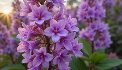 Purple lilac flowers blooming in sunlight