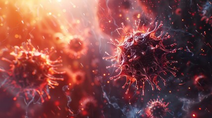 Illustration of coronaviruses in a microscopic view, showing virus structure and cellular background