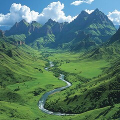Fototapeta premium A winding river flows through a lush green valley surrounded by majestic mountains under a bright blue sky with puffy white clouds.