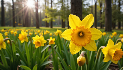 Obraz premium Vibrant daffodils blooming in sunlit spring forest