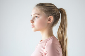 Fototapeta premium a blonde girl with a ponytail in a sporty pink top photo from the waist up on a white background