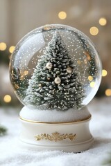 A snow globe featuring a decorated Christmas tree and falling snowflakes on a festive background