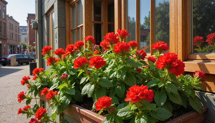 Naklejka premium Vibrant red geraniums blooming in urban window box