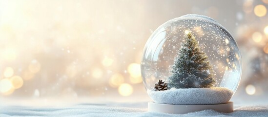 A snow globe capturing a serene winter scene with evergreens under falling snow