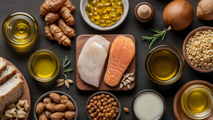 food sensitivity tests and various foods and oils that represent digestive health generative ai
