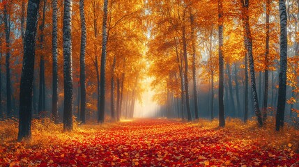 A misty path through an autumn forest with golden leaves and sunlight breaking through the trees.