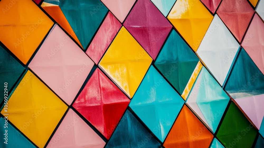 Poster Abstract colorful triangles arranged in a dynamic pattern, representing the diverse and multifaceted aspects of an inclusive society, minimalist style
