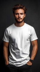 Confident Man in White T-Shirt Against Black Background