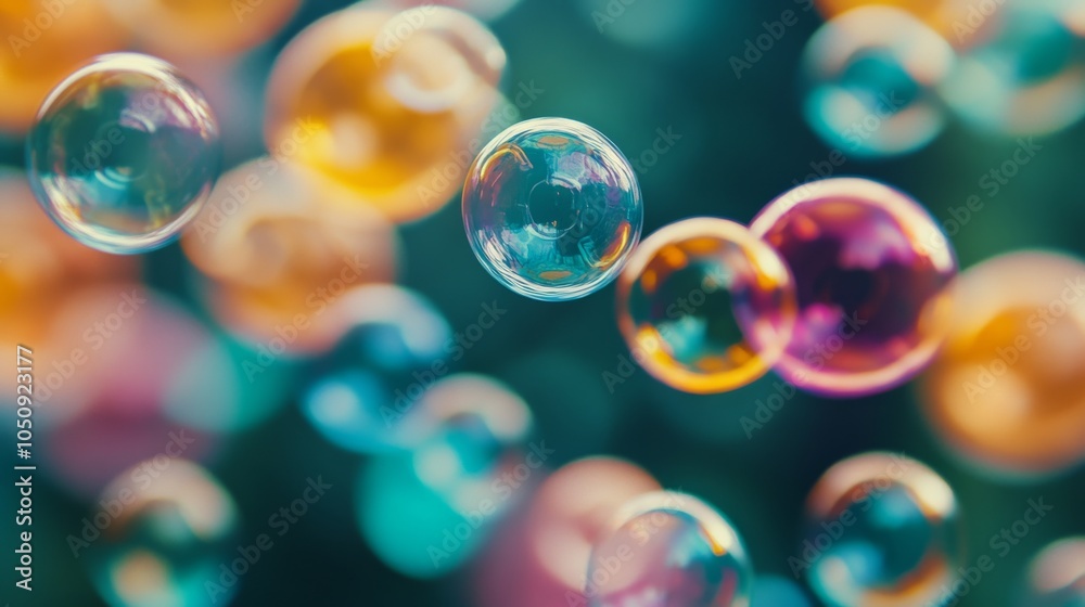 Poster Abstract floating bubbles of various colors merging and separating, symbolizing the fluid and evolving nature of inclusion and diverse identities, minimalist style