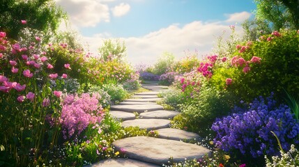 花が咲く公園を通る石の小道