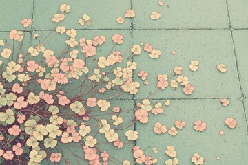Pastel Flowers Growing on Green Tiled Ground. A soft illustration of small pastel-colored flowers spreading across green tiles, creating a delicate, peaceful atmosphere.
