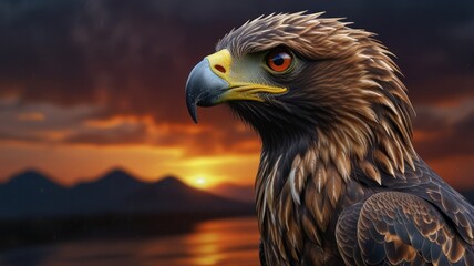 Obraz premium A golden eagle with sharp, piercing eyes, set against a backdrop of a dramatic sunset over a mountain range.