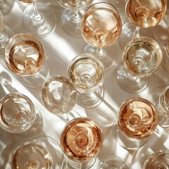 Multiple elegant wine glasses filled with ros on a soft, textured surface during a sunny afternoon