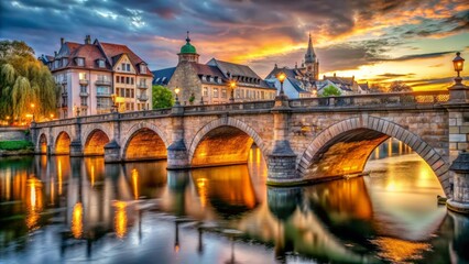 Fototapeta premium A large stone bridge with arches crosses the river in the city centre. The evening light highlights the architectural details.