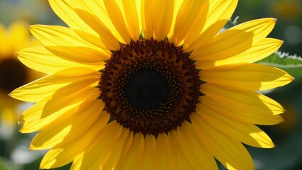 Fototapeta premium Vibrant sunflower in bloom golden petals with textured ridges spiraled seeds peaking from center