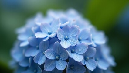 Soft blue hydrangea bloom with dewdrops on petals against a blurred green background