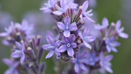 Fototapeta premium Soft purple lavender blossoms with velvety petals and green leafy background