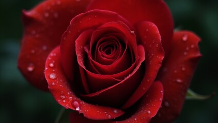 Vivid red rose with water droplets velvety petals and frilled edges