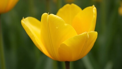 Vibrant yellow tulip with dewdrops on petals in soft morning light