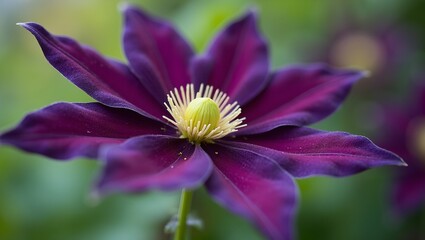Vibrant purple clematis bloom with velvety petals and yellow center on soft green background