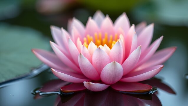 Close up of a pink lotus flower on a serene pond with water droplets on petals - Powered by Adobe