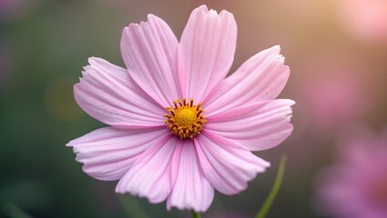 Obraz premium Delicate pink cosmos flower with translucent petals and golden stamens in a symmetrical arrangement
