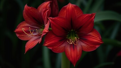 Vibrant crimson amaryllis bloom with velvety petals and golden stamens against blurred green leaves