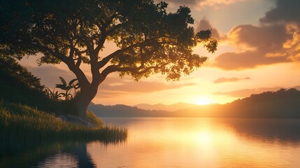 湖畔の木のシルエット