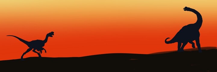 silhouette of dinosaur. Orange red black background illustration Brachiosaurus dinosaur standing with Oviraptor dinosaur. silhouette of dinosaurs