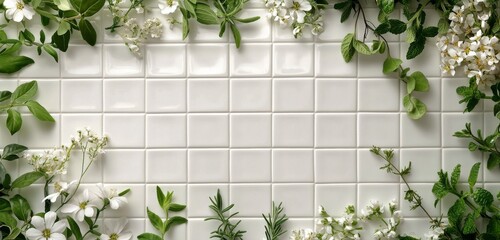 Obraz premium Arranged greenery and cosmetic products on a white tiled surface in a natural setting