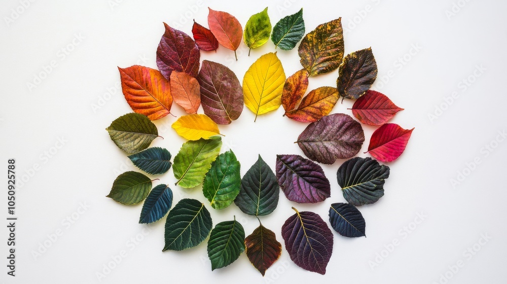 Poster An abstract composition of diverse leaves in various colors arranged in a circular pattern on a plain background, Illustrating ecological diversity and integration, photography style