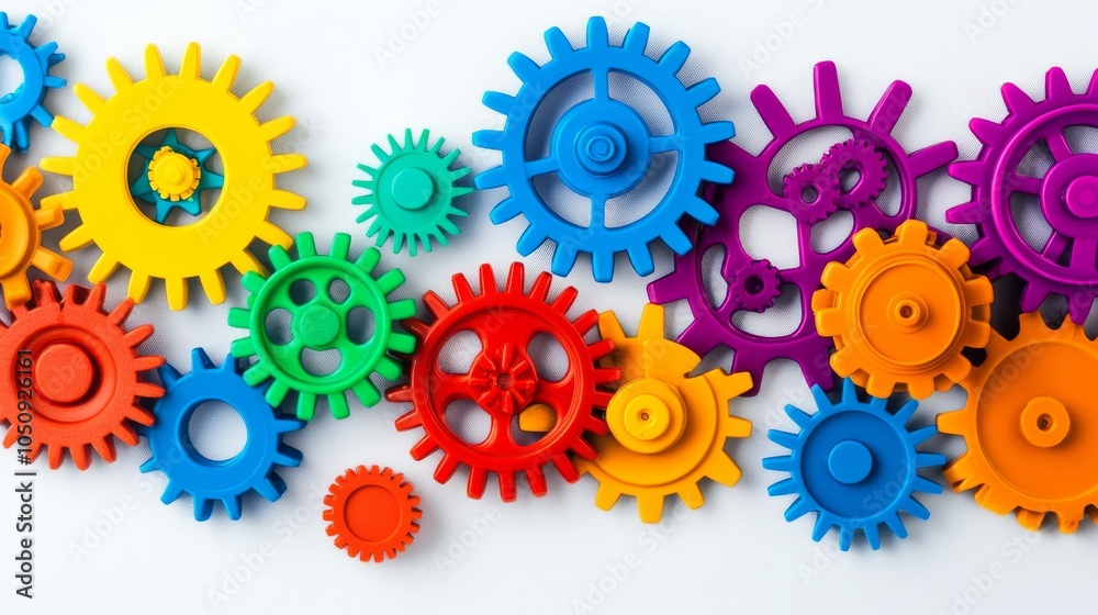 Poster an abstract composition of interconnected gears in various colors against a seamless white backdrop,
