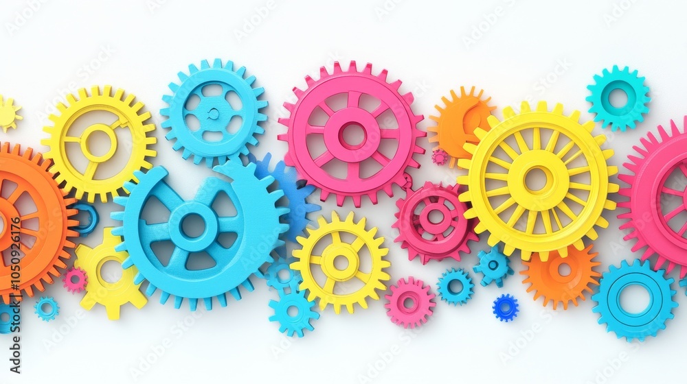 Aufkleber an abstract composition of interconnected gears in various colors against a seamless white backdrop,