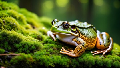 Obraz premium frog on green moss close up abstract natural background beautiful wildlife scene portrait of toad amphibian in forest save earth wild nature ecology concept