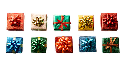 Colorful Christmas Gift Boxes with Ribbons and Bows on Transparent Background - Festive Holiday Presents Collection