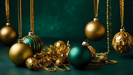 Dark green background and gold Christmas decorations: deep emerald colors and five gold-lined decorations  generative ai
